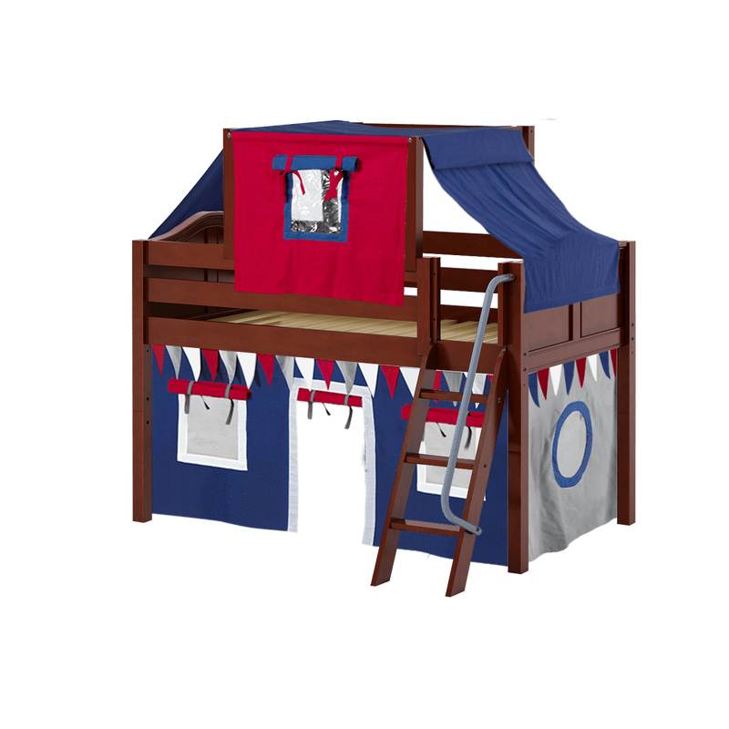 Maxtrix Twin Low Loft Bed with Angled Ladder, Curtain + Top Tent