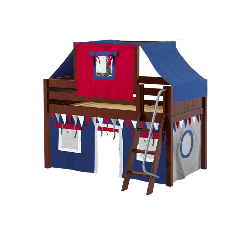 Maxtrix Twin Low Loft Bed with Angled Ladder, Curtain + Top Tent