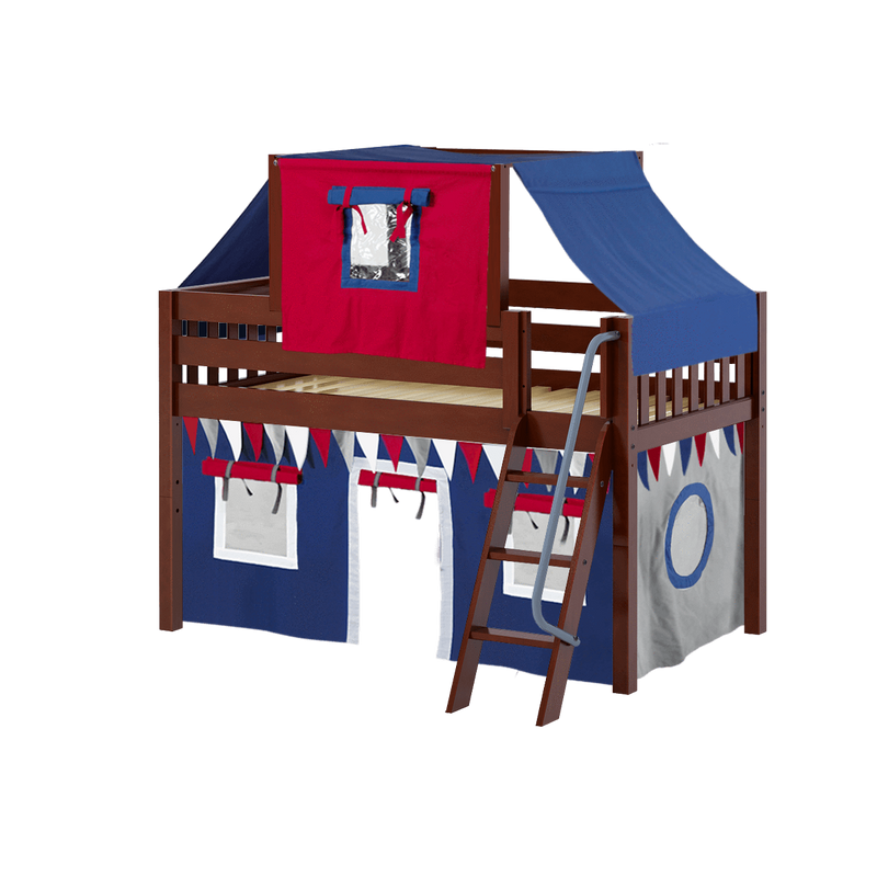 Maxtrix Twin Low Loft Bed with Angled Ladder, Curtain + Top Tent