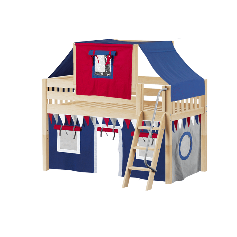 Maxtrix Twin Low Loft Bed with Angled Ladder, Curtain + Top Tent