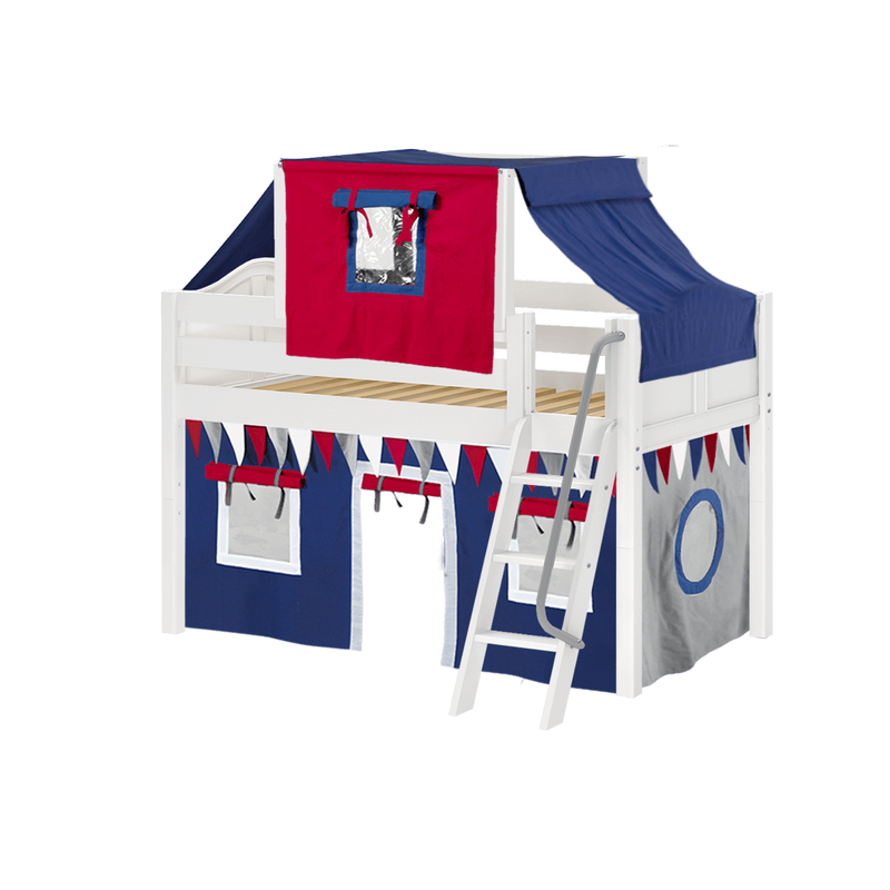Maxtrix Twin Low Loft Bed with Angled Ladder, Curtain + Top Tent