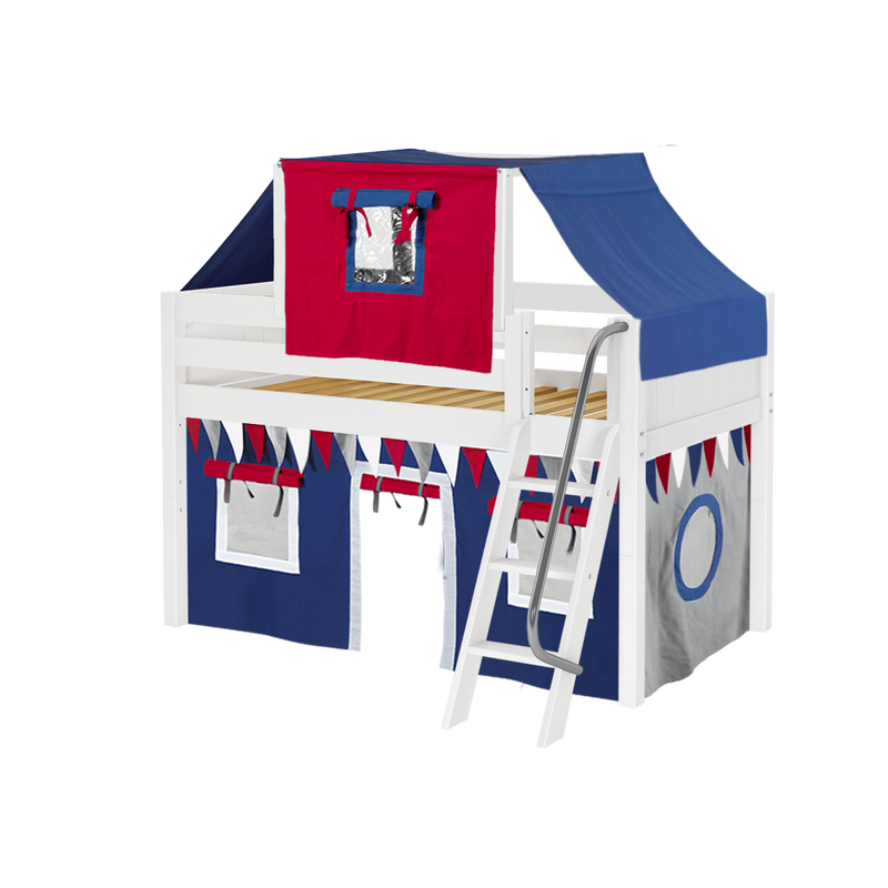 Maxtrix Twin Low Loft Bed with Angled Ladder, Curtain + Top Tent