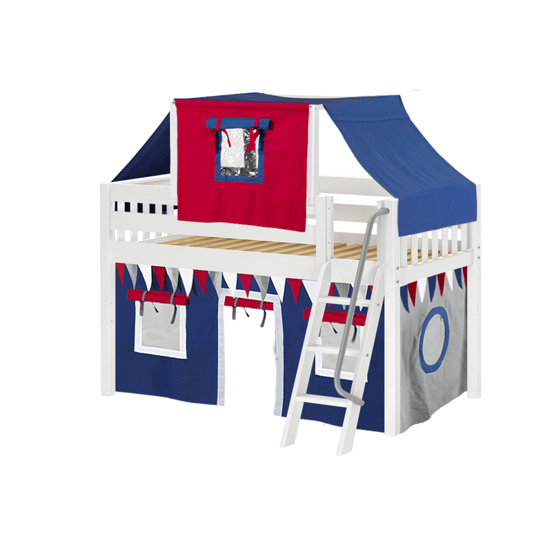 Maxtrix Twin Low Loft Bed with Angled Ladder, Curtain + Top Tent