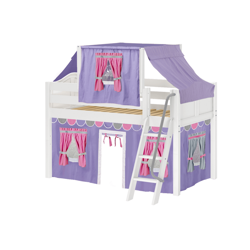 Maxtrix Twin Low Loft Bed with Angled Ladder, Curtain + Top Tent