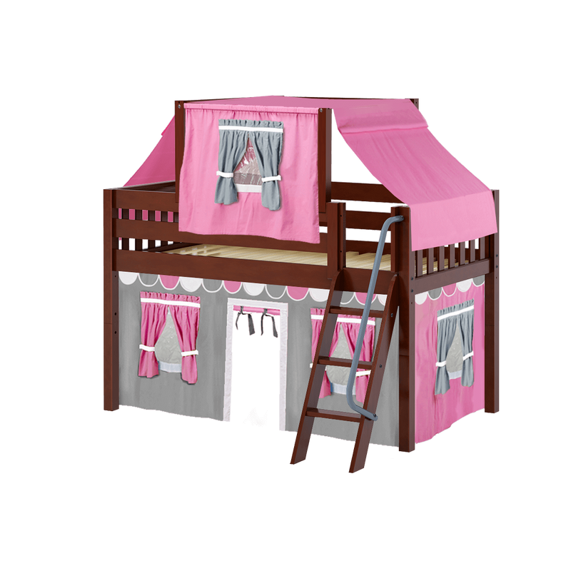 Maxtrix Twin Low Loft Bed with Angled Ladder, Curtain + Top Tent