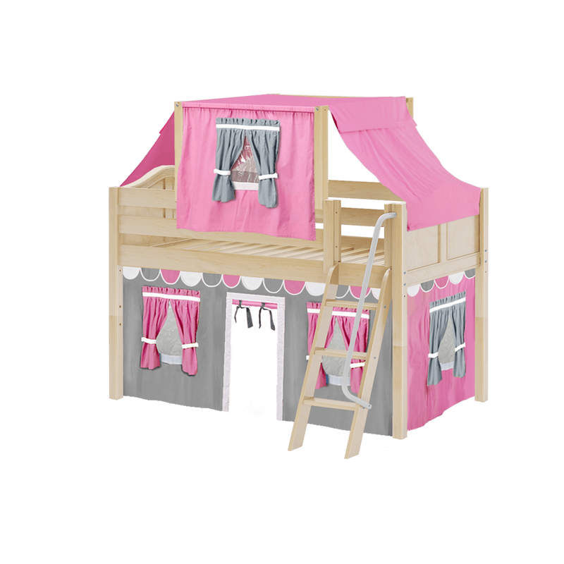 Maxtrix Twin Low Loft Bed with Angled Ladder, Curtain + Top Tent