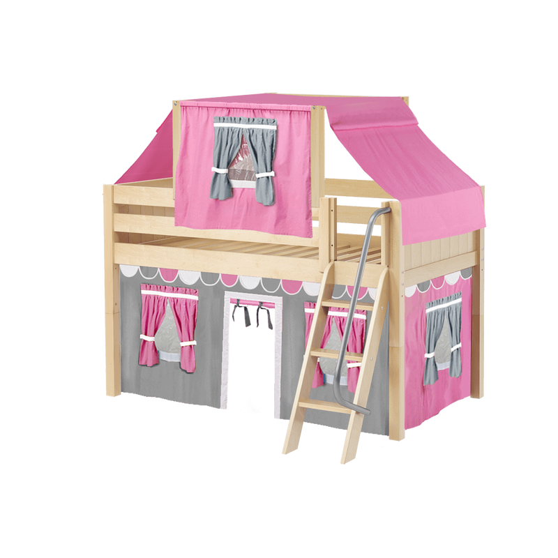 Maxtrix Twin Low Loft Bed with Angled Ladder, Curtain + Top Tent