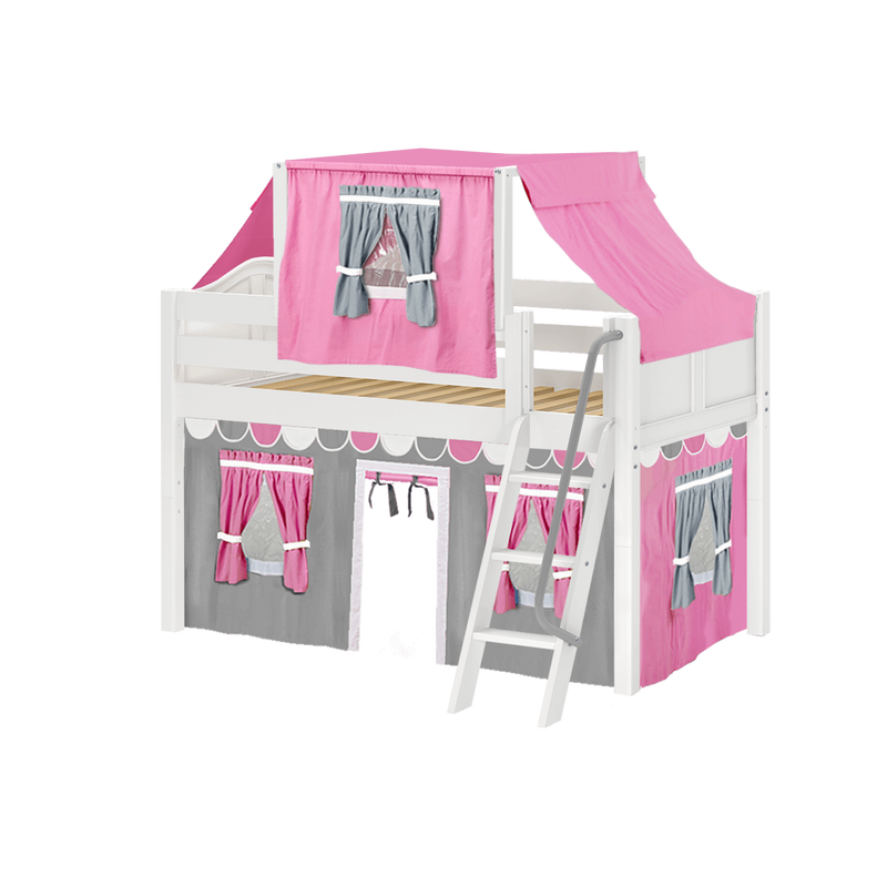 Maxtrix Twin Low Loft Bed with Angled Ladder, Curtain + Top Tent