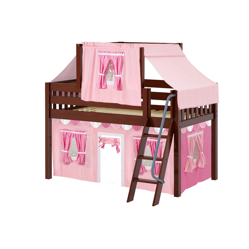 Maxtrix Twin Low Loft Bed with Angled Ladder, Curtain + Top Tent