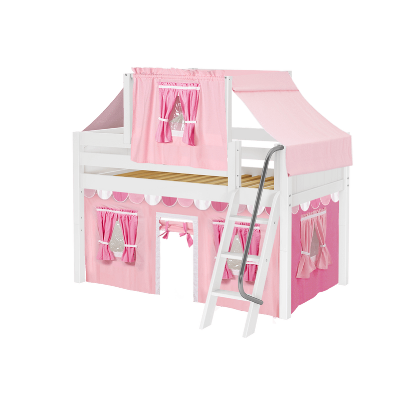 Maxtrix Twin Low Loft Bed with Angled Ladder, Curtain + Top Tent