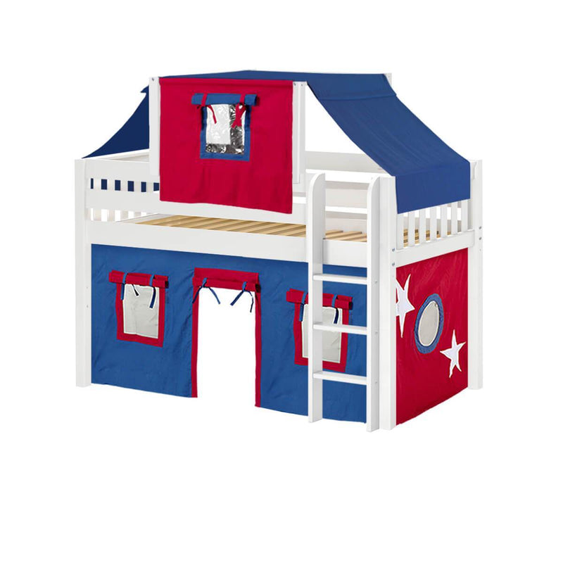 Maxtrix Twin Low Loft Bed with Straight Ladder, Curtain + Top Tent