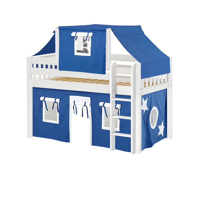 Maxtrix Twin Low Loft Bed with Straight Ladder, Curtain + Top Tent