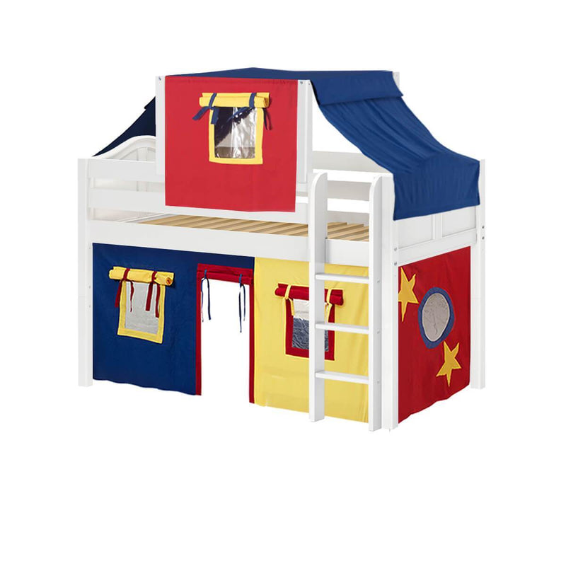 Maxtrix Twin Low Loft Bed with Straight Ladder, Curtain + Top Tent